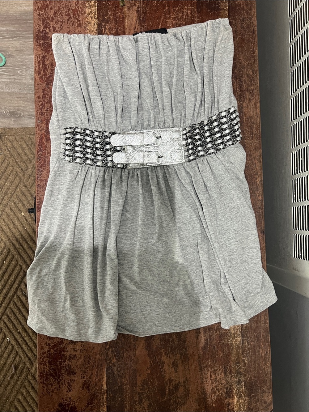 Sky Light Gray Strapless Dress with Decorative Chain-Link Waistband - Picture 3 of 6